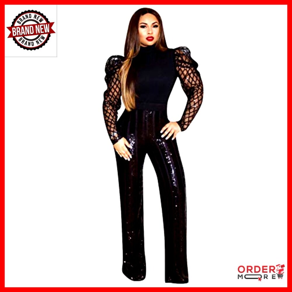 Sequin Mesh Long Sleeve Mock Neck Blouse Slim Fit Party Top - Picture 3 of 7